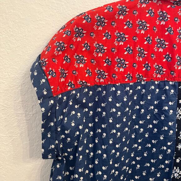 Style & Co Button Up Shirt Women’s 1X Cotton Red Blue Patchwork Ditsy Floral - Picture 8 of 12